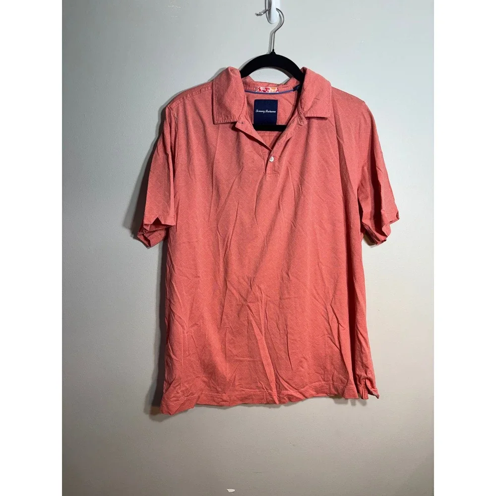 Tommy Bahama Mens XL Coral Pink Diamond Jacquard‎ Cotton Silk Polo Shirt